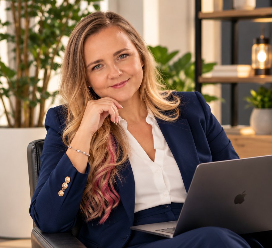 Kate Okroj working online from her laptop in the Blond Wolf office