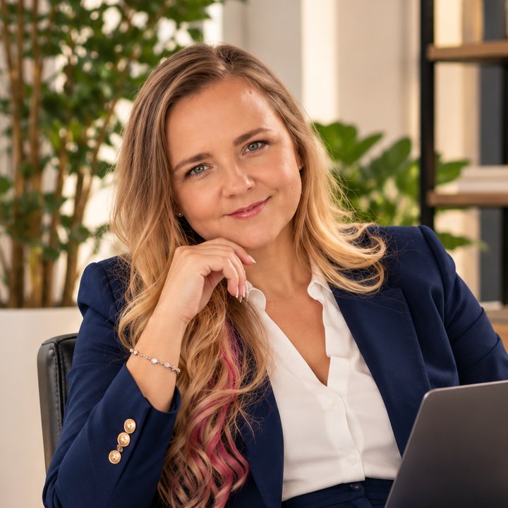 Kate Okroj, founder of Blond Wolf Accounting, in her office with a laptop