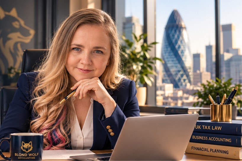 Kate Okroj at her desk in a London office overlooking the City