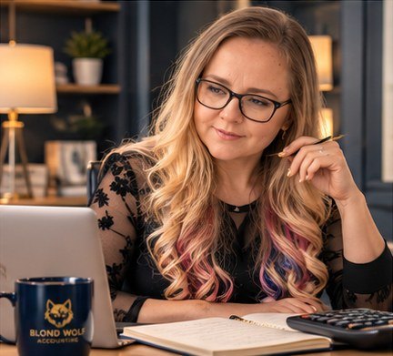 Kate Okroj working through a client’s figures at her desk