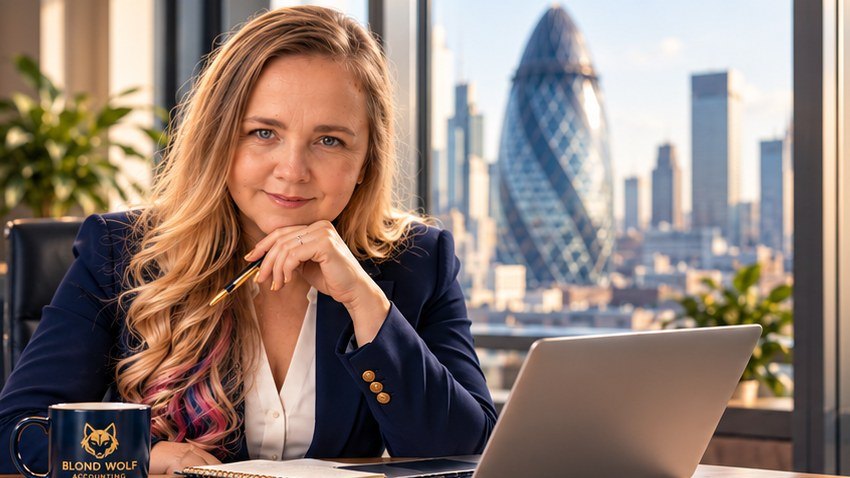 Kate Okroj, founder of Blond Wolf Accounting, at her desk in a London office overlooking the City