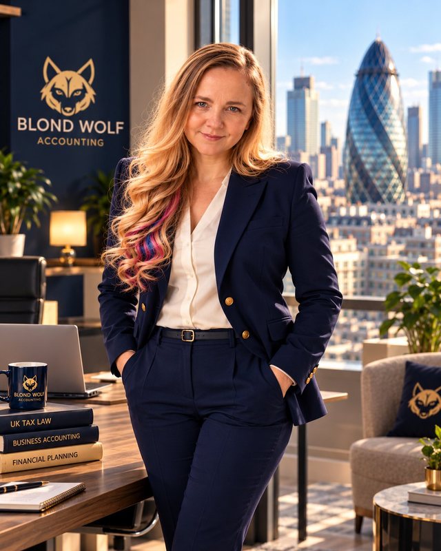 Kate Okroj, ICPA, standing in the Blond Wolf office with the City of London behind her