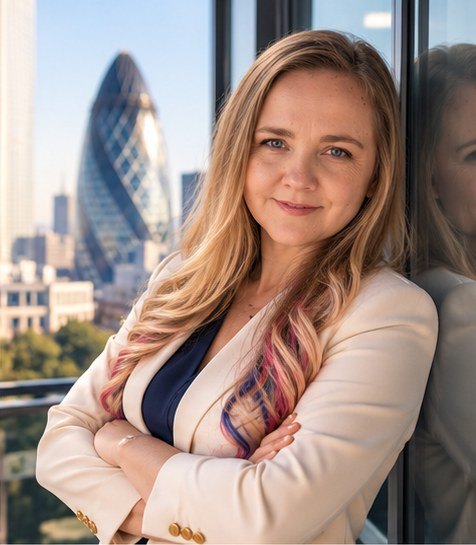 Kate Okroj, ICPA, in her office with the City of London behind her
